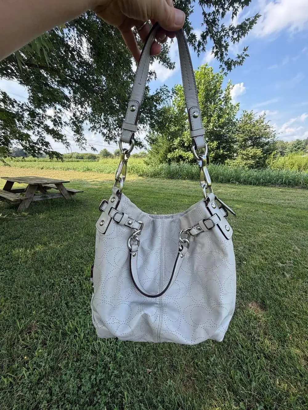 Gray Coach Brooke Perforated Leather Hobo Shoulder Bag F16908